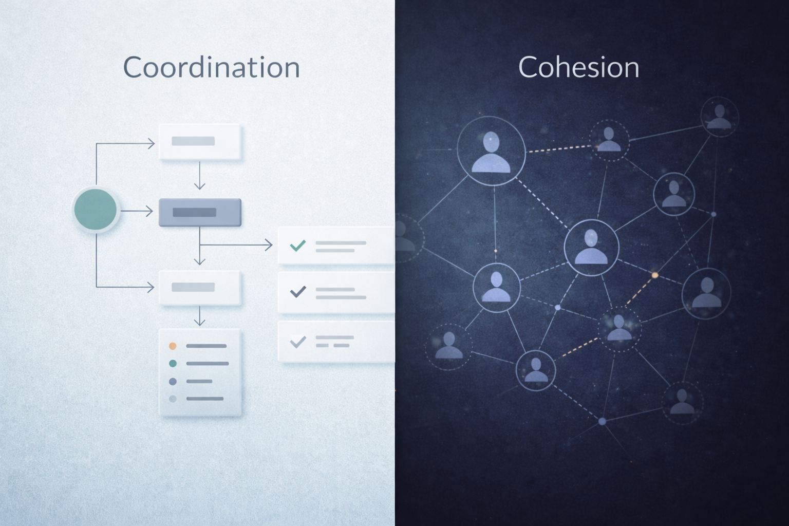 Conceptual illustration showing the difference between coordination and cohesion in remote teams through connected and disconnected collaboration paths.
