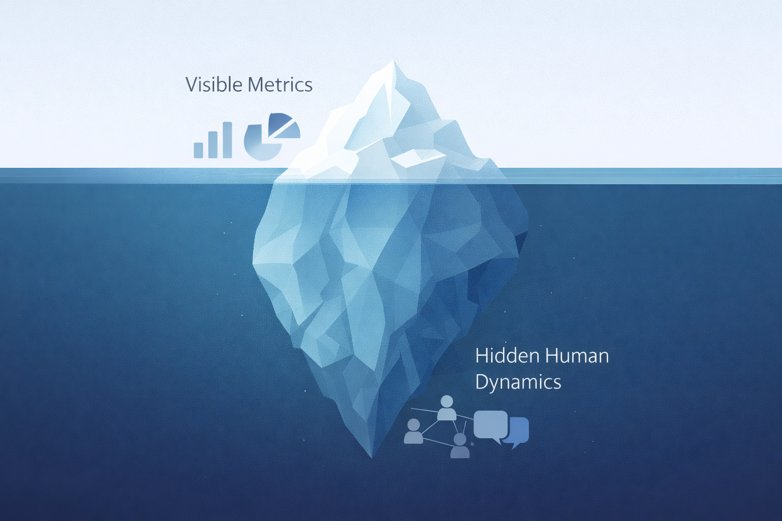 Conceptual illustration of leadership blind spots in distributed teams showing disconnected communication paths between remote team members.