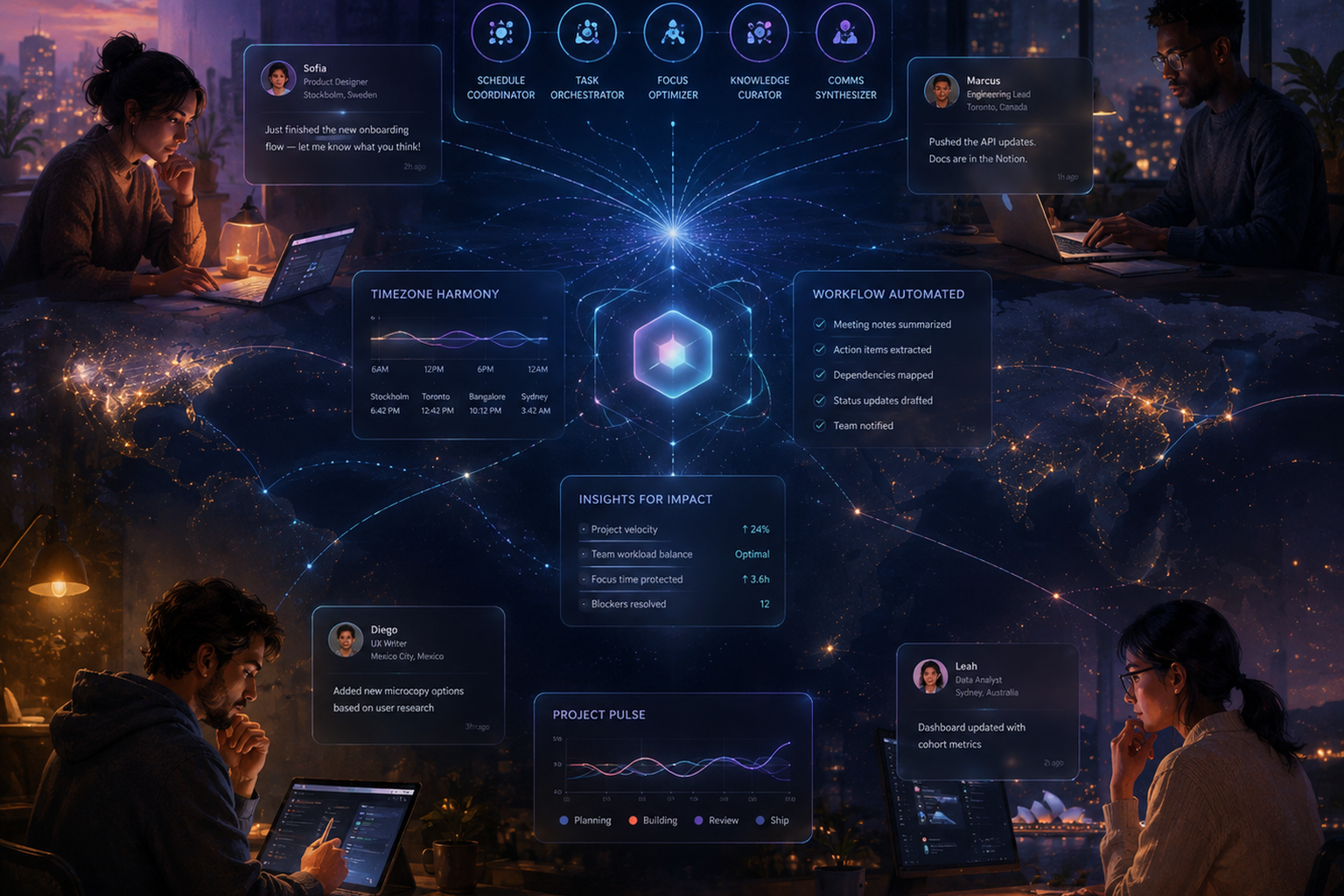 Conceptual illustration of distributed remote teammates working alongside AI agents that handle scheduling, routing, and coordination across time zones.