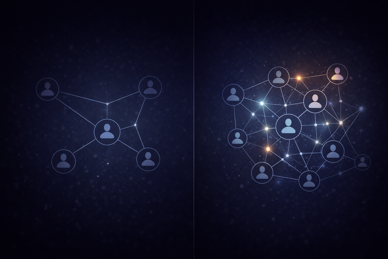 Conceptual illustration of a remote team network showing individuals connected digitally but lacking shared interaction and cohesion.