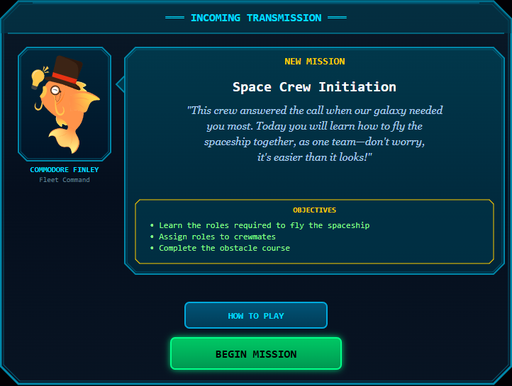 Stellar Bonds mission briefing screen showing Commodore Finley and Space Crew Initiation objectives